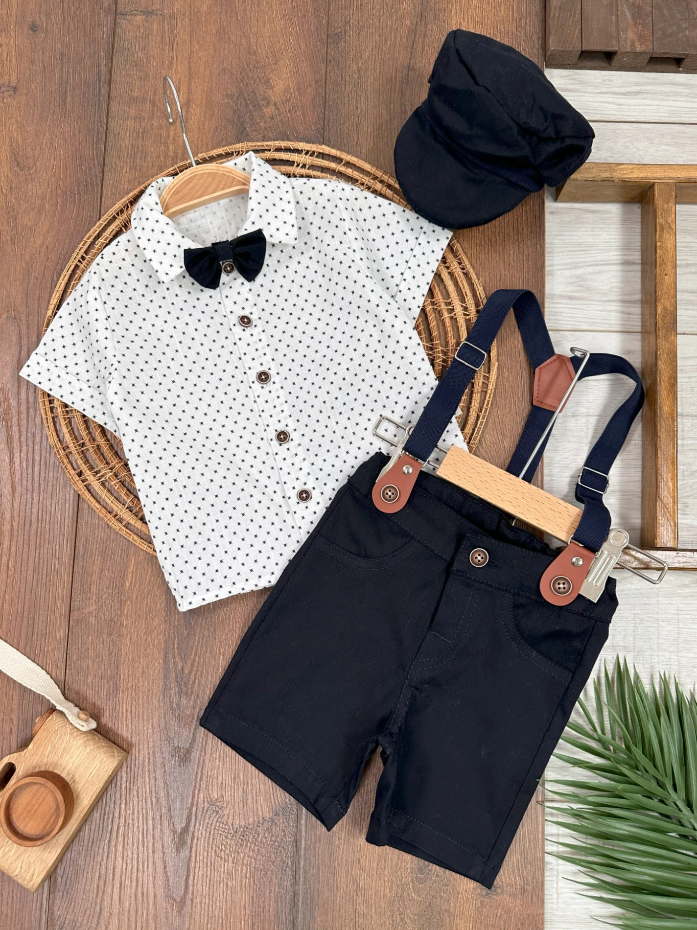  Askı Kemerli Papyonlu Şapkalı Keten Yazlık Erkek Bebek Takım - LACİVERT-BEYAZ