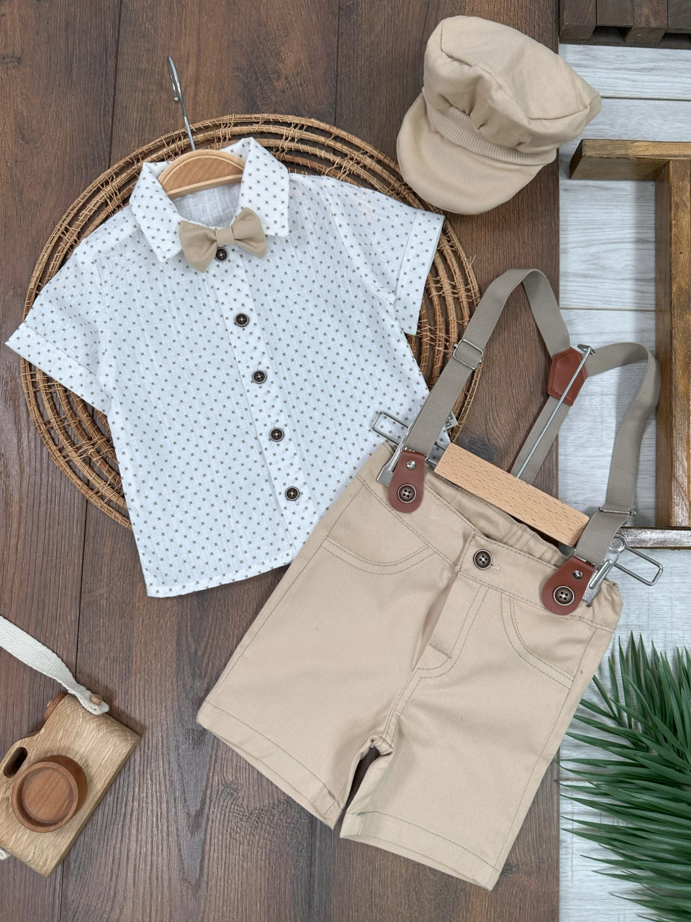  Askı Kemerli Papyonlu Şapkalı Keten Yazlık Erkek Bebek Takım - BEJ-SÜTLÜ KAHVE