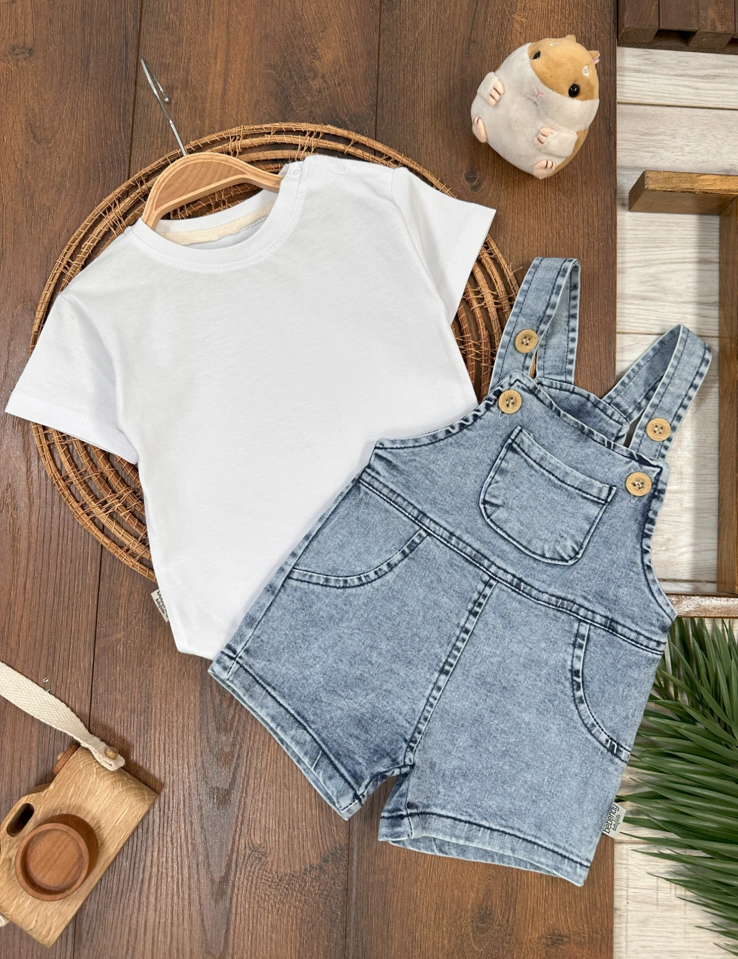 Kot Salopet Likralı Omuzdan Çıtçıtlı Badi Kanguru Cep Yazlık Erkek Bebek Takım - BEYAZ