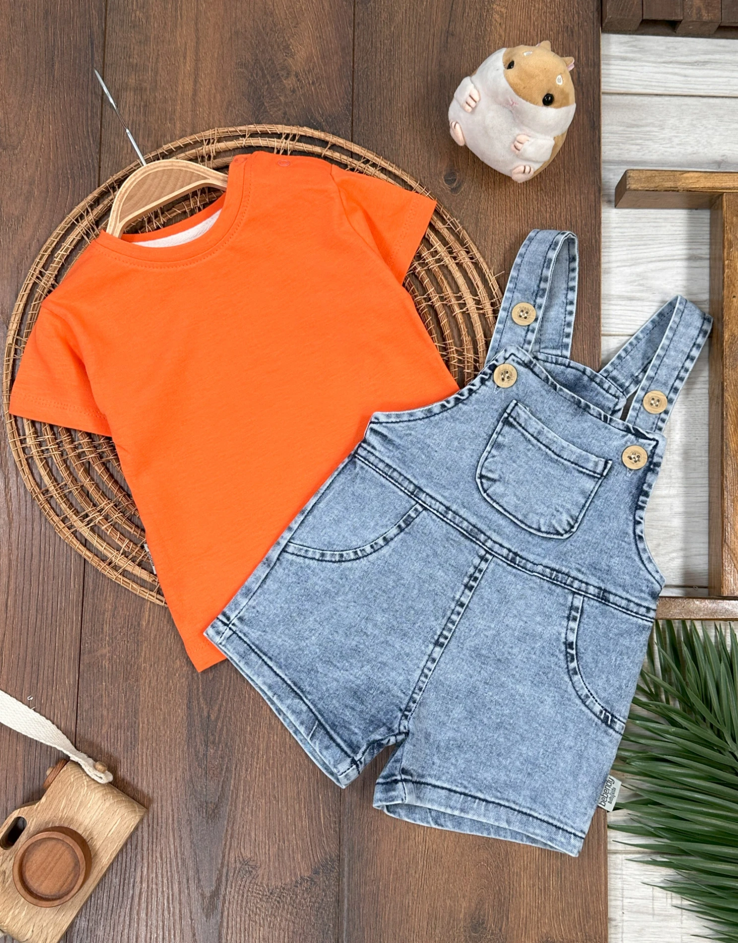 Kot Salopet Likralı Omuzdan Çıtçıtlı Badi Kanguru Cep Yazlık Erkek Bebek Takım - TURUNCU