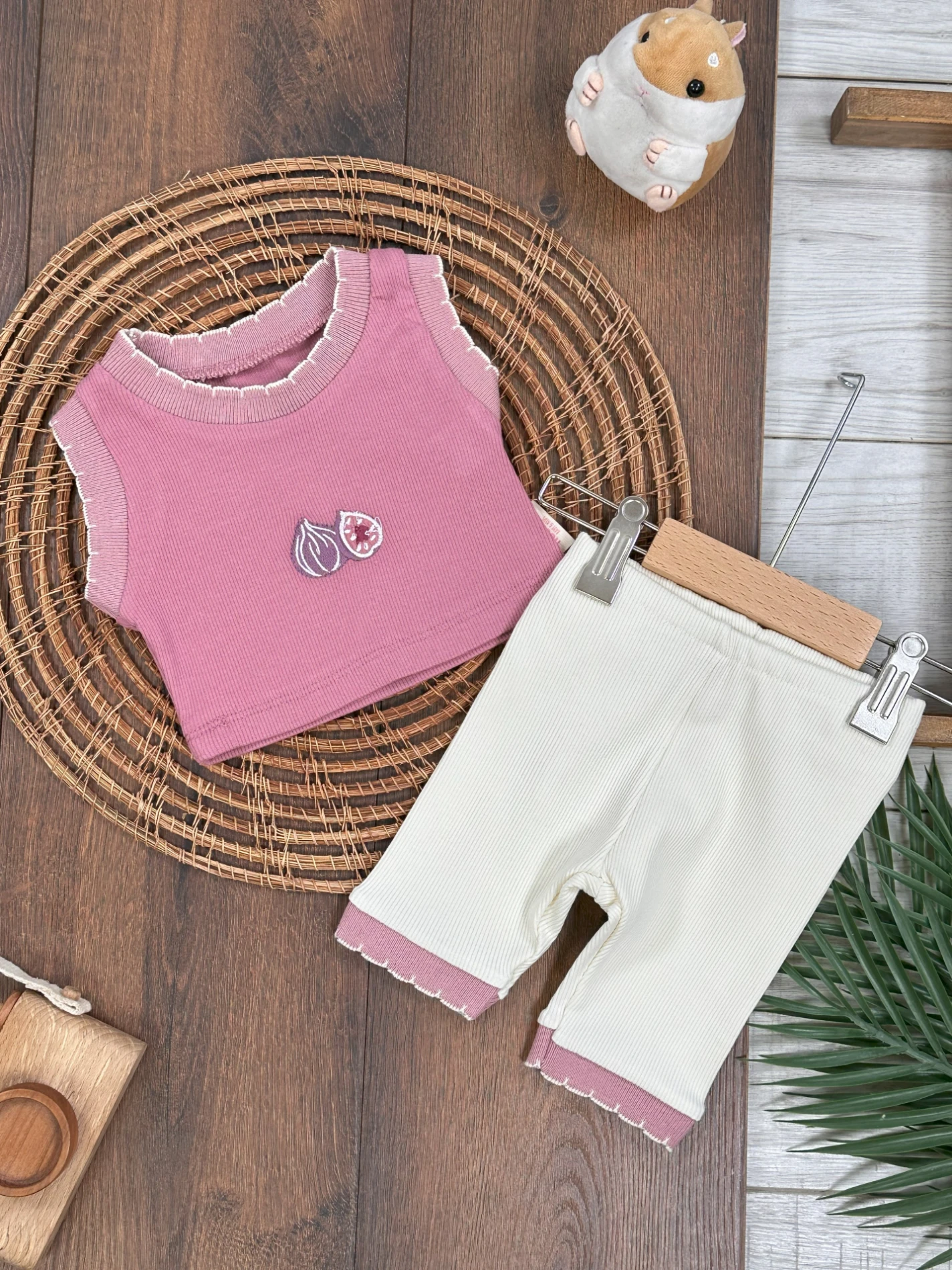 Meyveler Nakışlı Esnek Kaşkorse Yazlık Kız Bebek Takım - GÜL KURUSU