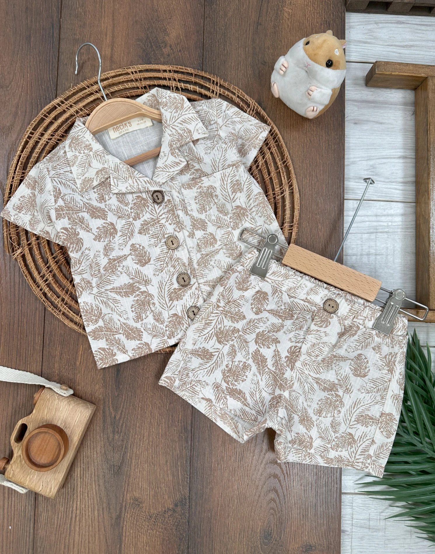 Hawai Keten Önden Düğmeli Yazlık Erkek Bebek Takım - BEJ