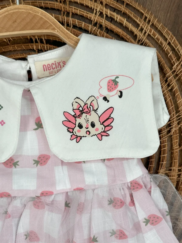 Ekose Çilek Baskılı Yaka Nakışlı Yazlık Kız Bebek Tütü Elbise