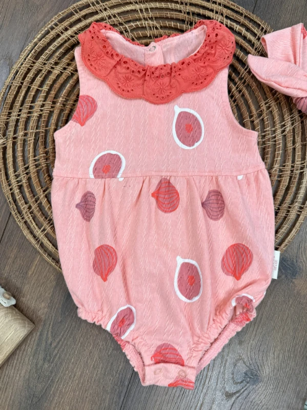 Meyveler Desenli Yaka Güpürlü Bandanalı Yazlık Kız Bebek Tulum