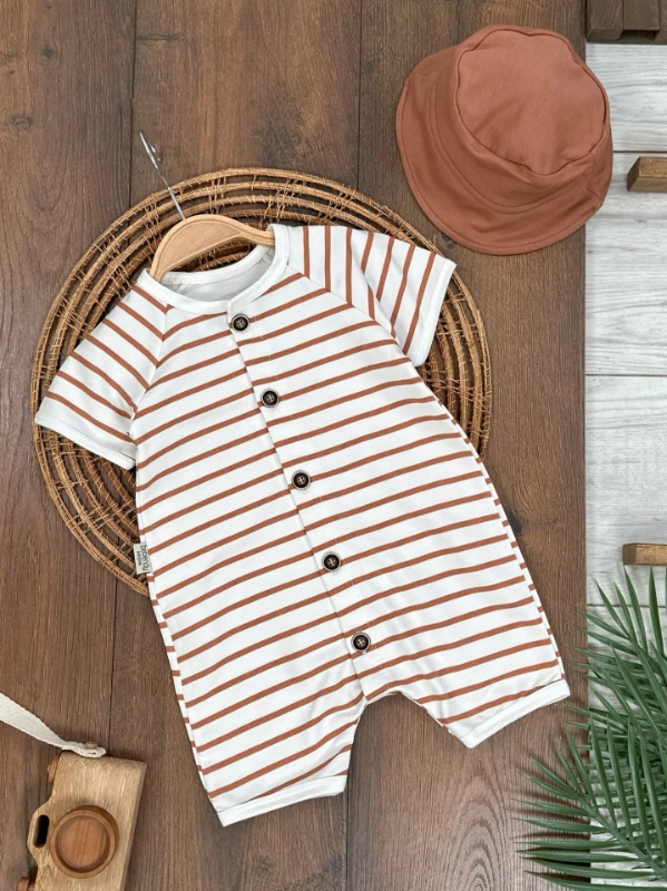 Çizgili Şapkalı Önden Düğmeli Yazlık Erkek Bebek Tulum