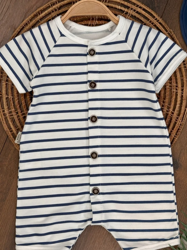 Çizgili Şapkalı Önden Düğmeli Yazlık Erkek Bebek Tulum