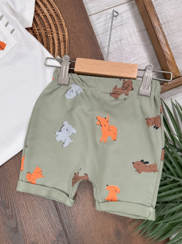 Sevimli Köpek Baskılı Safari Şapkalı Cep Detaylı Şortlu Yazlık Erkek Bebek Takım