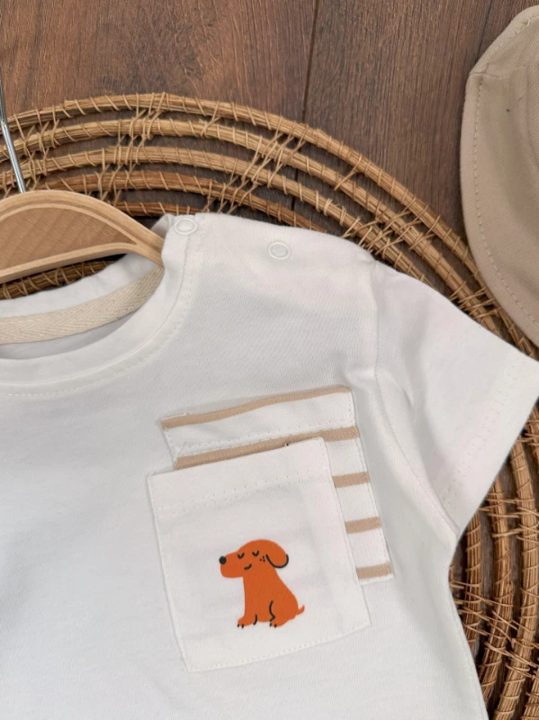 Sevimli Köpek Baskılı Safari Şapkalı Cep Detaylı Şortlu Yazlık Erkek Bebek Takım