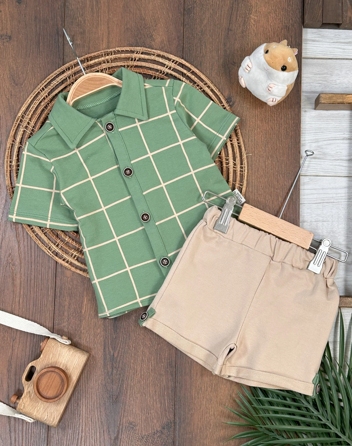 Ekose Desen Önden Düğmeli Yazlık Erkek Bebek Takım - YEŞİL