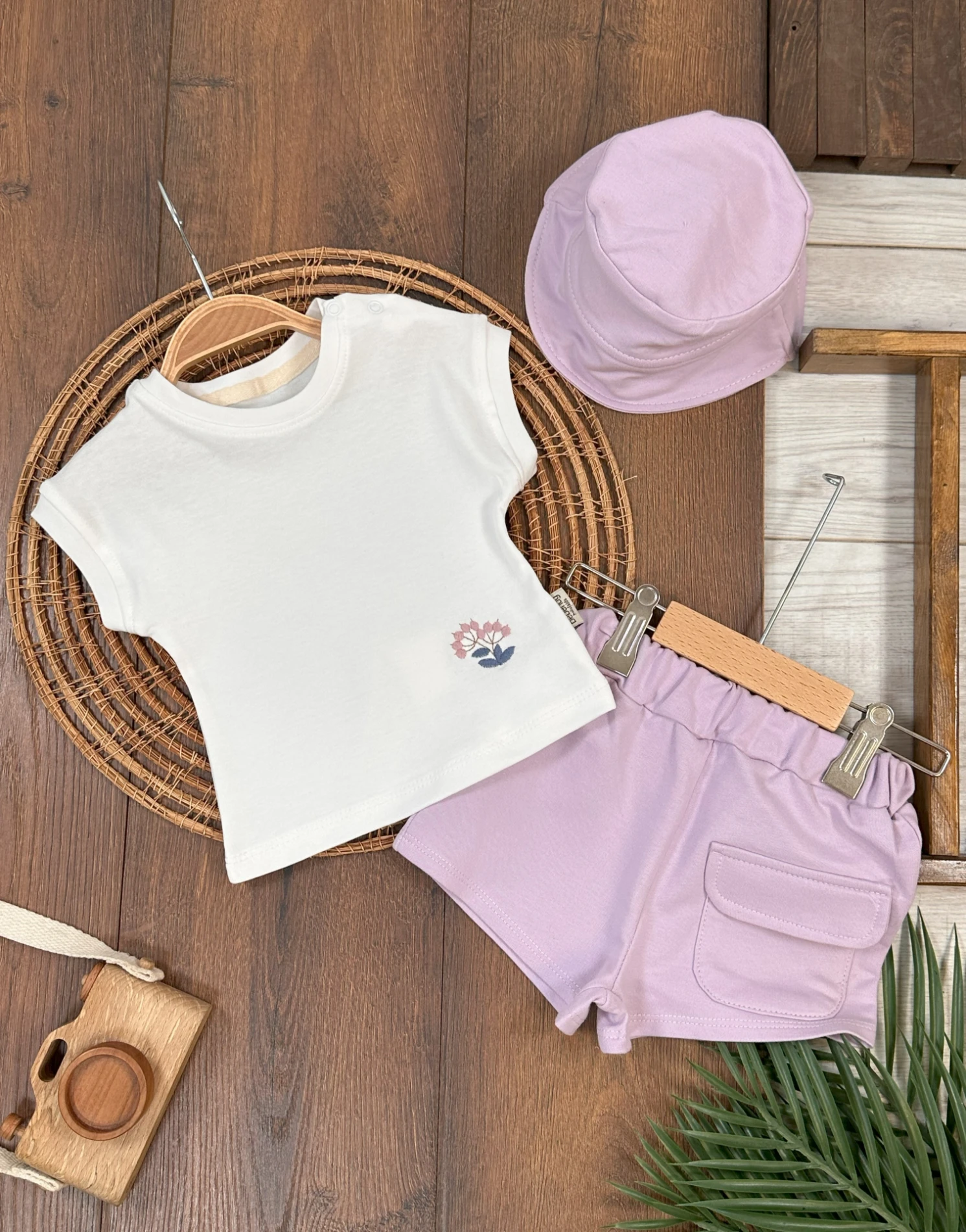 Çiçek Nakışlı Şapkalı Yazlık Kız Bebek Takım - LİLA