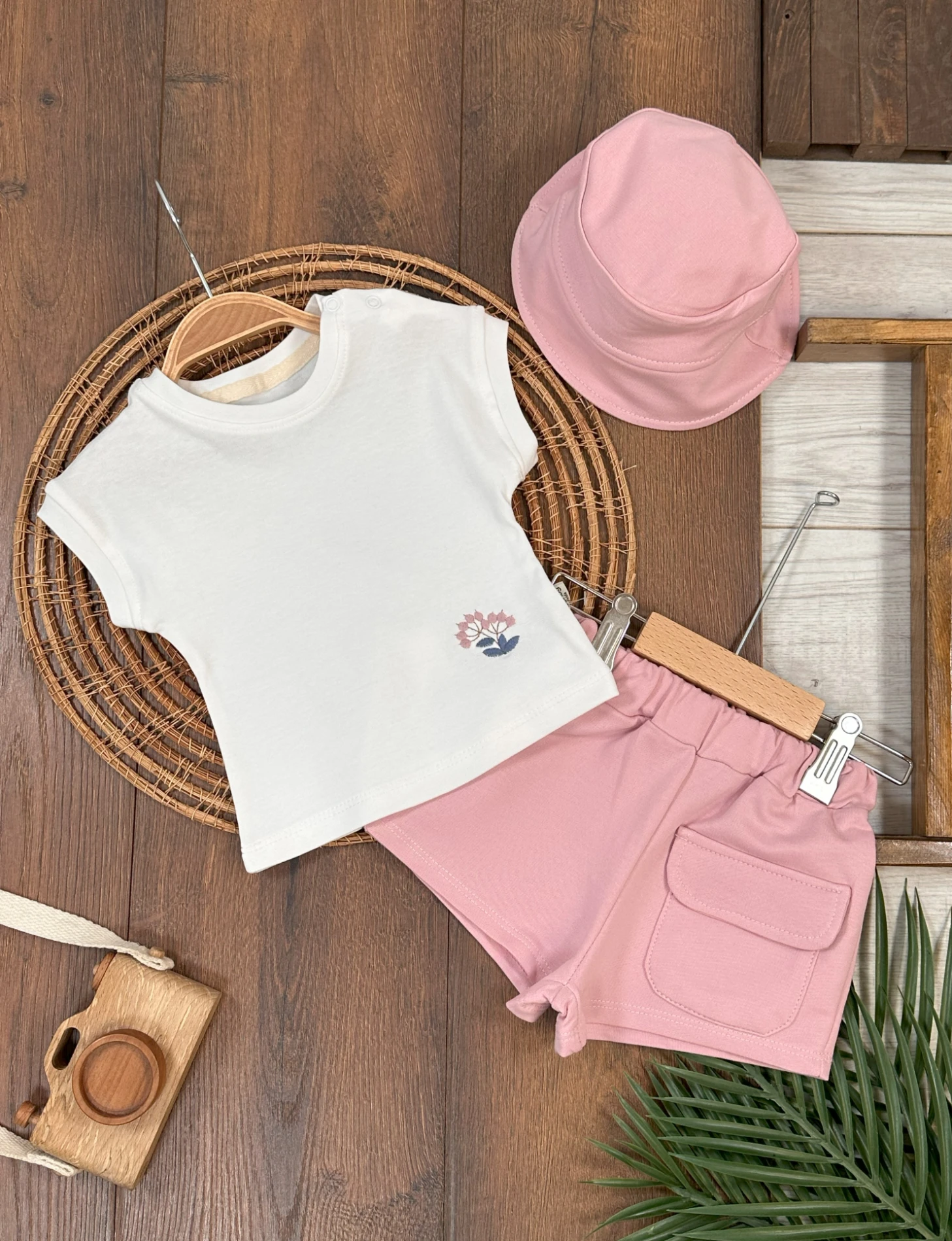 Çiçek Nakışlı Şapkalı Yazlık Kız Bebek Takım - GÜL KURUSU