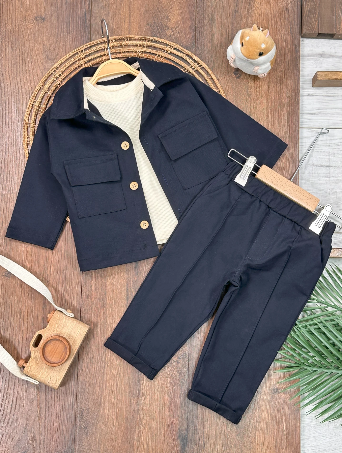 Keten Likralı Safari Model Omuzdan Çıtçıtlı Sweatshirt 3lü Erkek Bebek ve Çocuk Takım  - LACİVERT