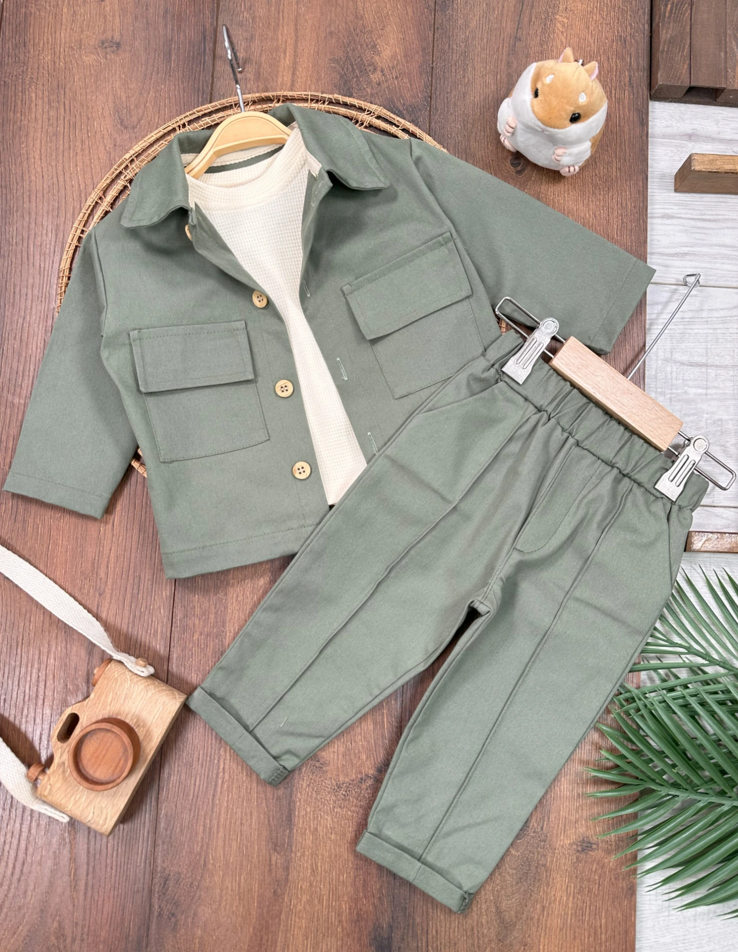Keten Likralı Safari Model Omuzdan Çıtçıtlı Sweatshirt 3lü Erkek Bebek ve Çocuk Takım  - YEŞİL
