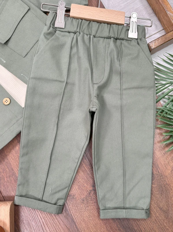 Keten Likralı Safari Model Omuzdan Çıtçıtlı Sweatshirt 3lü Erkek Bebek ve Çocuk Takım 