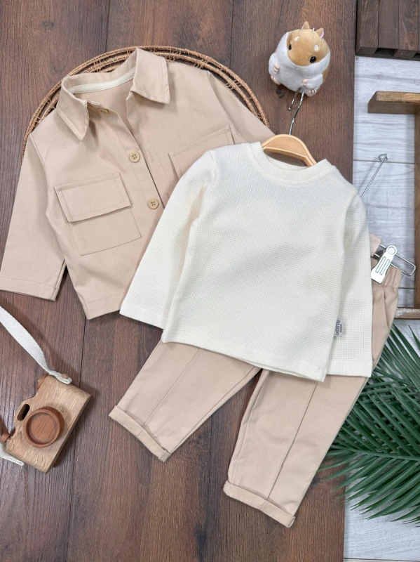 Keten Likralı Safari Model Omuzdan Çıtçıtlı Sweatshirt 3lü Erkek Bebek ve Çocuk Takım 