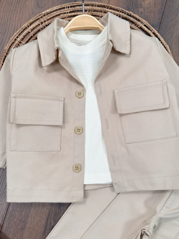 Keten Likralı Safari Model Omuzdan Çıtçıtlı Sweatshirt 3lü Erkek Bebek ve Çocuk Takım 