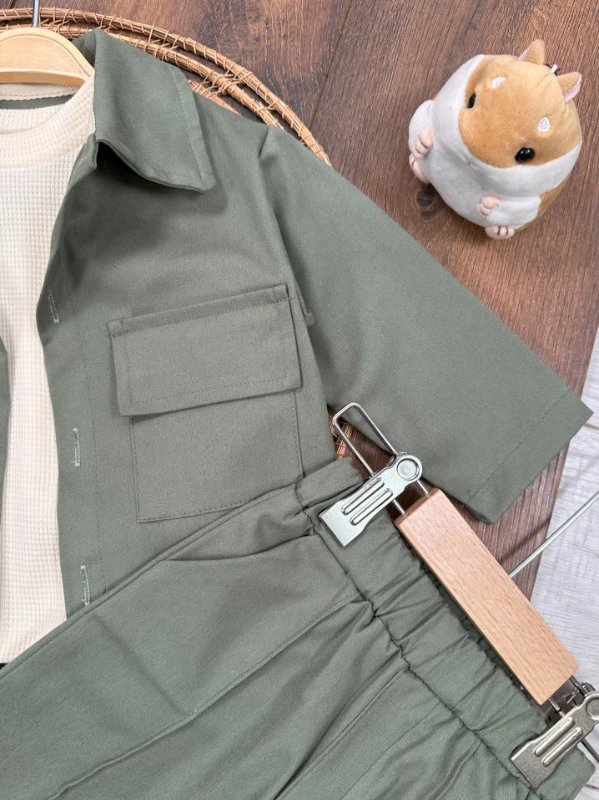 Keten Likralı Safari Model Omuzdan Çıtçıtlı Sweatshirt 3lü Erkek Bebek ve Çocuk Takım 