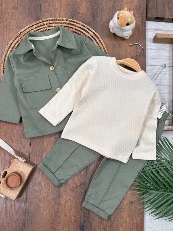 Keten Likralı Safari Model Omuzdan Çıtçıtlı Sweatshirt 3lü Erkek Bebek ve Çocuk Takım 