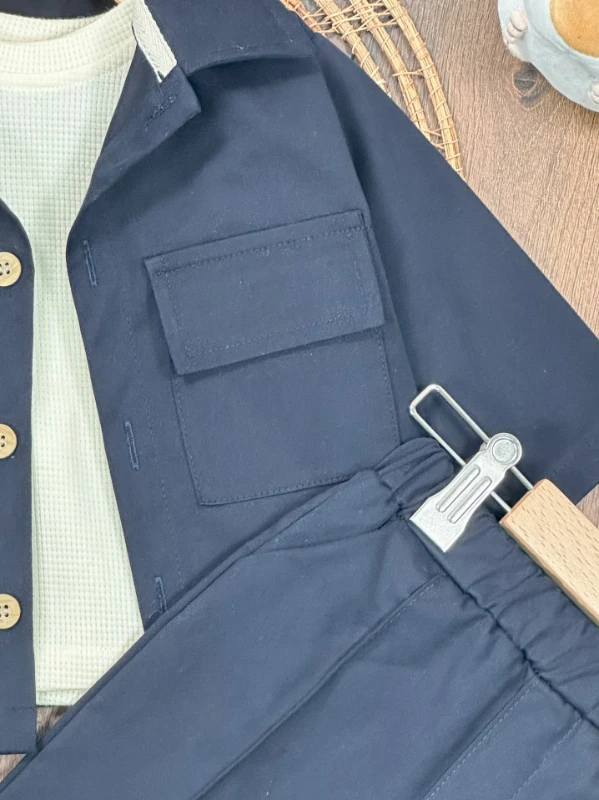 Keten Likralı Safari Model Omuzdan Çıtçıtlı Sweatshirt 3lü Erkek Bebek ve Çocuk Takım 