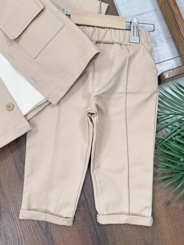 Keten Likralı Safari Model Omuzdan Çıtçıtlı Sweatshirt 3lü Erkek Bebek ve Çocuk Takım 