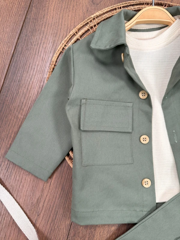 Keten Likralı Safari Model Omuzdan Çıtçıtlı Sweatshirt 3lü Erkek Bebek ve Çocuk Takım 