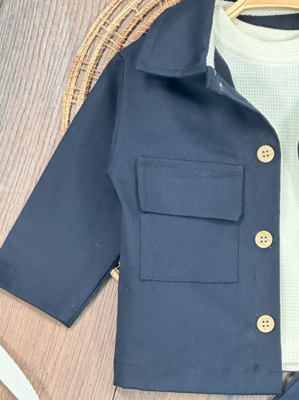 Keten Likralı Safari Model Omuzdan Çıtçıtlı Sweatshirt 3lü Erkek Bebek ve Çocuk Takım 