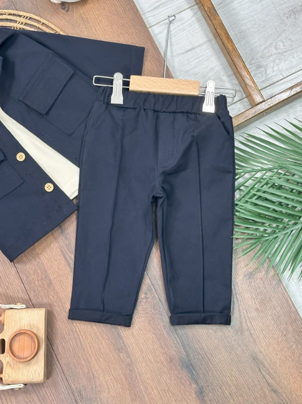 Keten Likralı Safari Model Omuzdan Çıtçıtlı Sweatshirt 3lü Erkek Bebek ve Çocuk Takım 