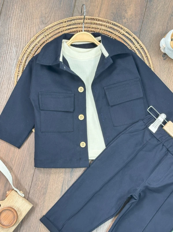 Keten Likralı Safari Model Omuzdan Çıtçıtlı Sweatshirt 3lü Erkek Bebek ve Çocuk Takım 