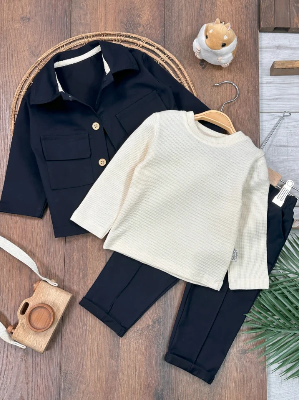 Keten Likralı Safari Model Omuzdan Çıtçıtlı Sweatshirt 3lü Erkek Bebek ve Çocuk Takım 