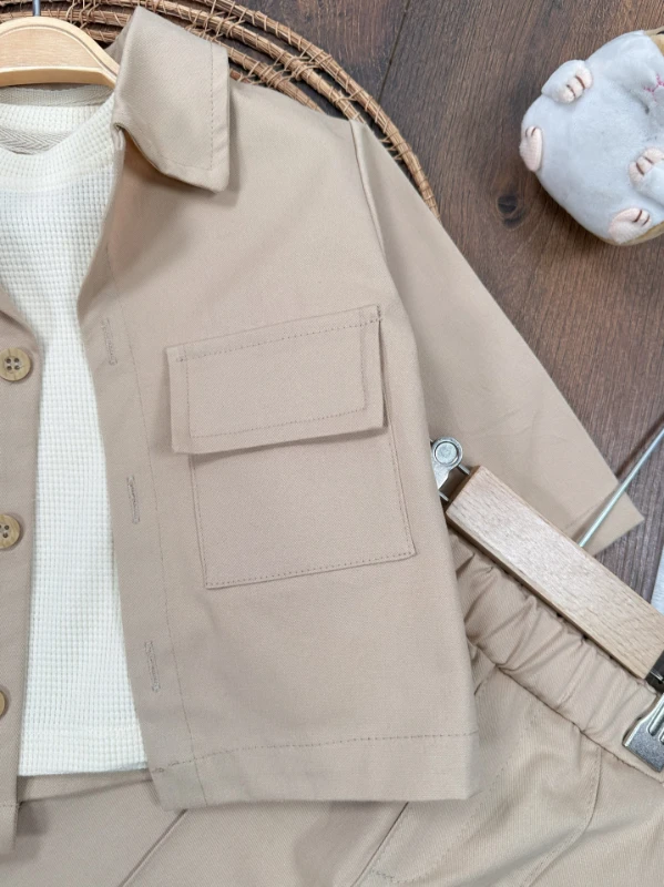 Keten Likralı Safari Model Omuzdan Çıtçıtlı Sweatshirt 3lü Erkek Bebek ve Çocuk Takım 