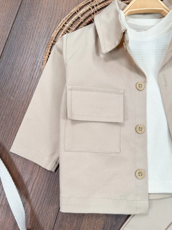 Keten Likralı Safari Model Omuzdan Çıtçıtlı Sweatshirt 3lü Erkek Bebek ve Çocuk Takım 