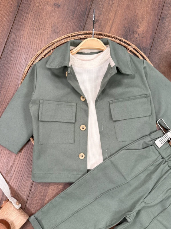 Keten Likralı Safari Model Omuzdan Çıtçıtlı Sweatshirt 3lü Erkek Bebek ve Çocuk Takım 