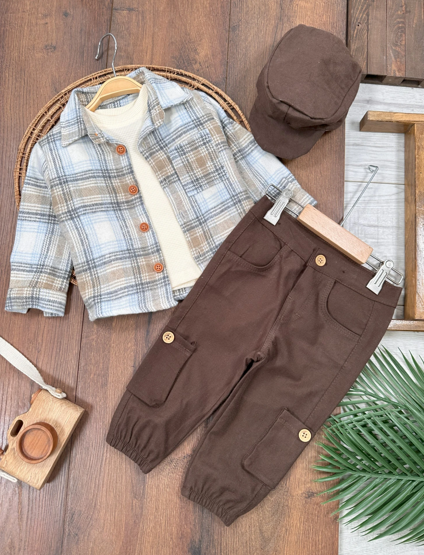 Oduncu Gömlek Şapkalı Waffle  Badili Kanvars Kargo Pantolonlu 4lü Erkek Bebek/Çocuk Takım - KOYU KAHVE 