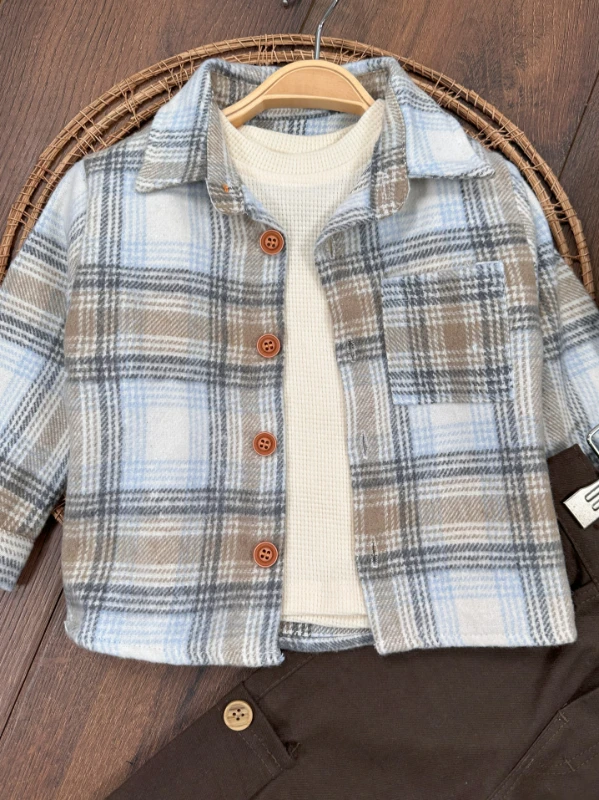 Oduncu Gömlek Şapkalı Waffle  Badili Kanvars Kargo Pantolonlu 4lü Erkek Bebek/Çocuk Takım