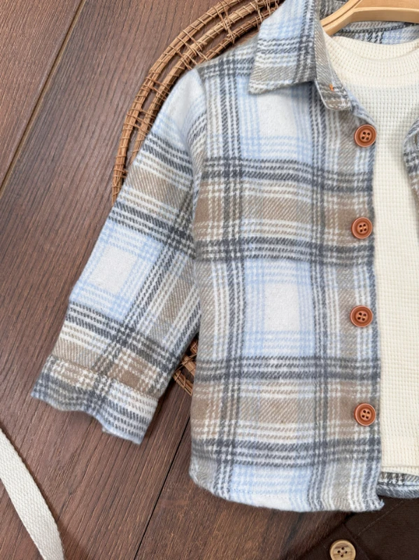 Oduncu Gömlek Şapkalı Waffle  Badili Kanvars Kargo Pantolonlu 4lü Erkek Bebek/Çocuk Takım