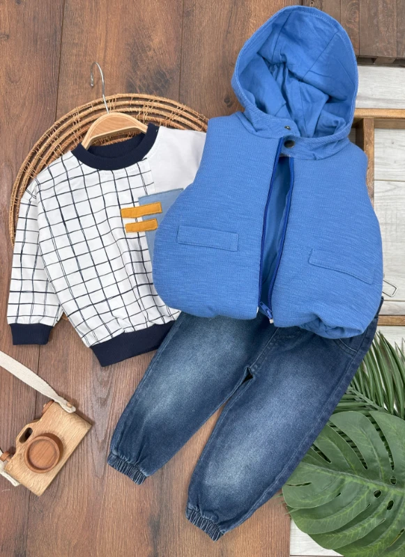 Şişme Yelek Kapüşonlu Fermuarlı Ekose Sweatshirt Likralı Kot Pantolon 3lü Erkek Bebek Takım