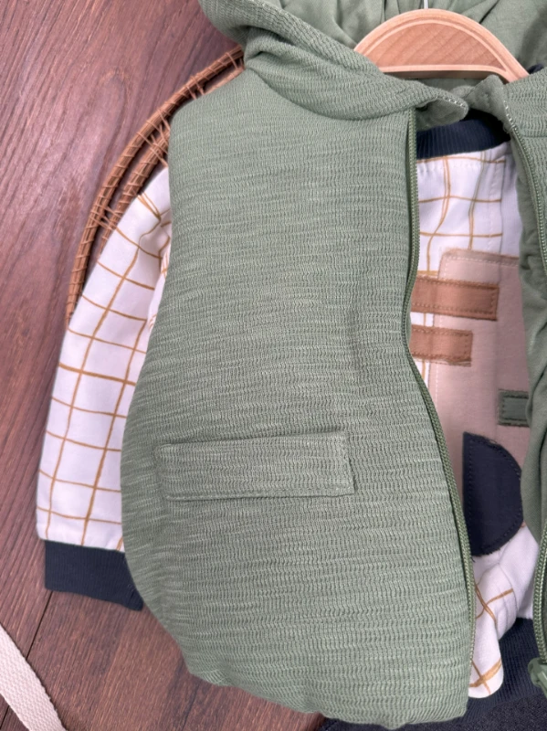 Şişme Yelek Kapüşonlu Fermuarlı Ekose Sweatshirt Likralı Kot Pantolon 3lü Erkek Bebek Takım