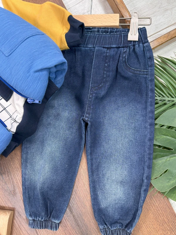 Şişme Yelek Kapüşonlu Fermuarlı Ekose Sweatshirt Likralı Kot Pantolon 3lü Erkek Bebek Takım