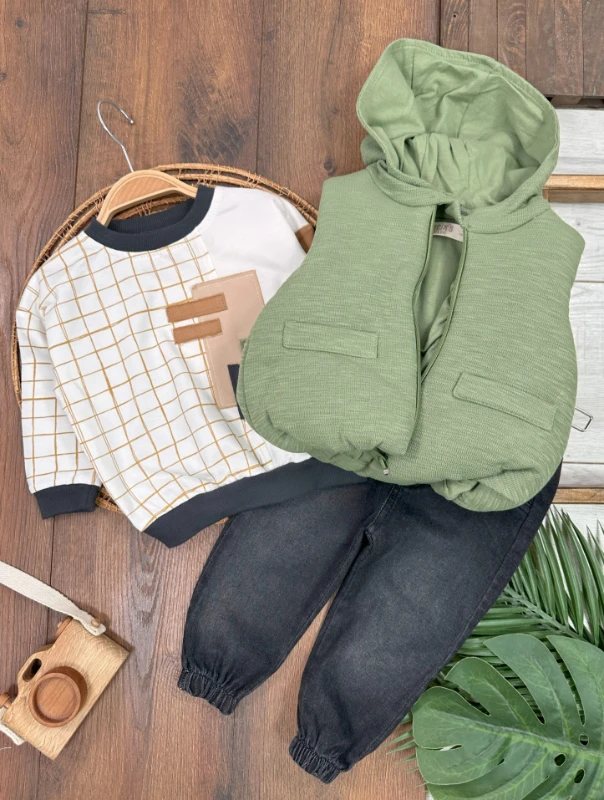 Şişme Yelek Kapüşonlu Fermuarlı Ekose Sweatshirt Likralı Kot Pantolon 3lü Erkek Bebek Takım