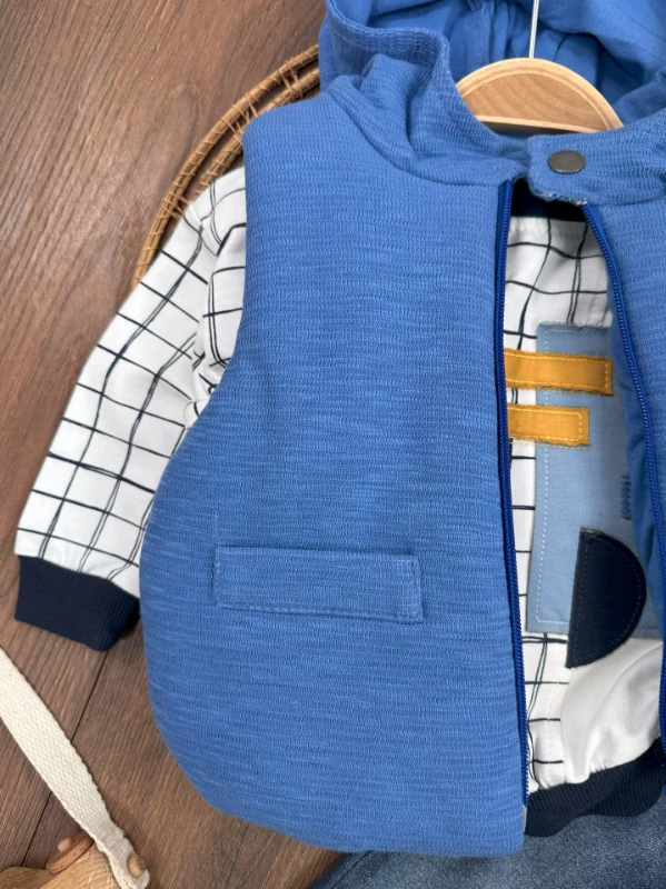 Şişme Yelek Kapüşonlu Fermuarlı Ekose Sweatshirt Likralı Kot Pantolon 3lü Erkek Bebek Takım