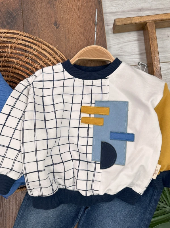 Şişme Yelek Kapüşonlu Fermuarlı Ekose Sweatshirt Likralı Kot Pantolon 3lü Erkek Bebek Takım