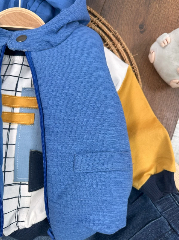 Şişme Yelek Kapüşonlu Fermuarlı Ekose Sweatshirt Likralı Kot Pantolon 3lü Erkek Bebek Takım