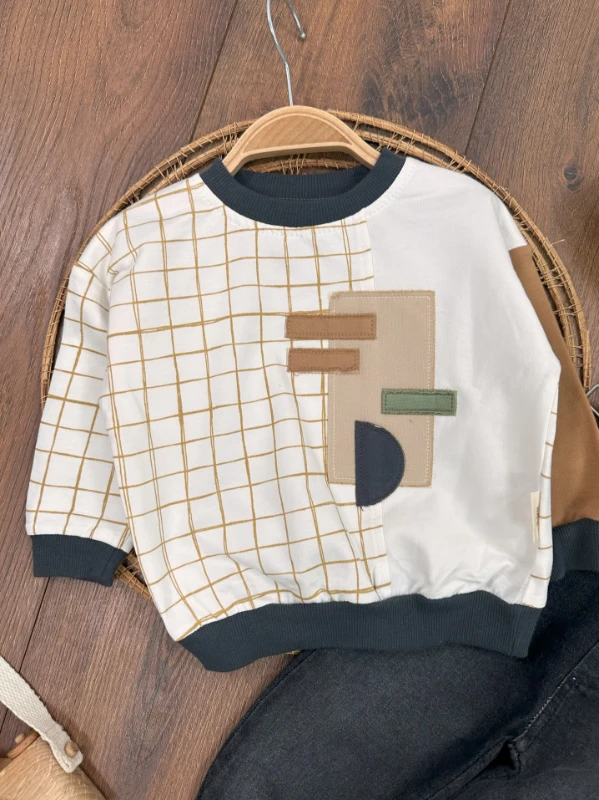 Şişme Yelek Kapüşonlu Fermuarlı Ekose Sweatshirt Likralı Kot Pantolon 3lü Erkek Bebek Takım