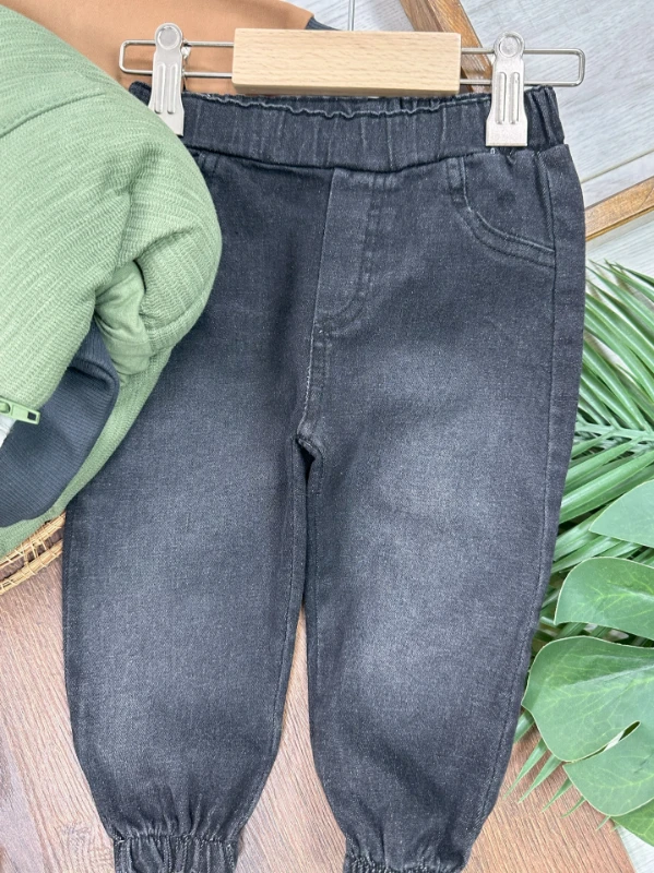 Şişme Yelek Kapüşonlu Fermuarlı Ekose Sweatshirt Likralı Kot Pantolon 3lü Erkek Bebek Takım