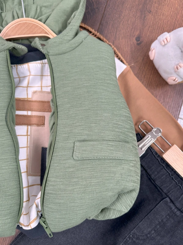 Şişme Yelek Kapüşonlu Fermuarlı Ekose Sweatshirt Likralı Kot Pantolon 3lü Erkek Bebek Takım