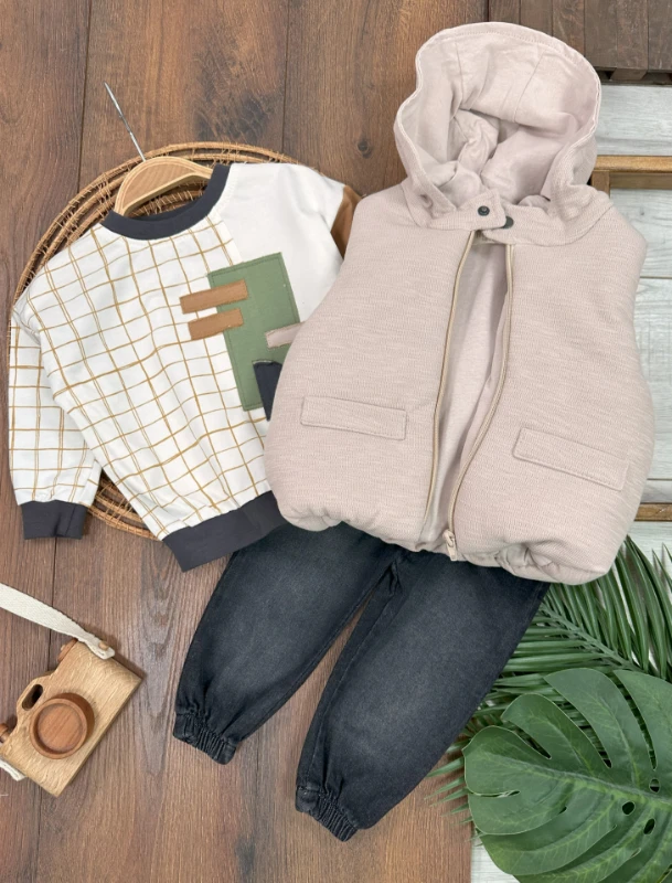 Şişme Yelek Kapüşonlu Fermuarlı Ekose Sweatshirt Likralı Kot Pantolon 3lü Erkek Bebek Takım