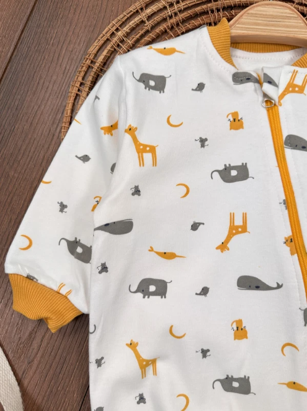 %100 Pamuk Safari Baskılı İçi Astarlı Unisex Bebek Uyku Tulumu