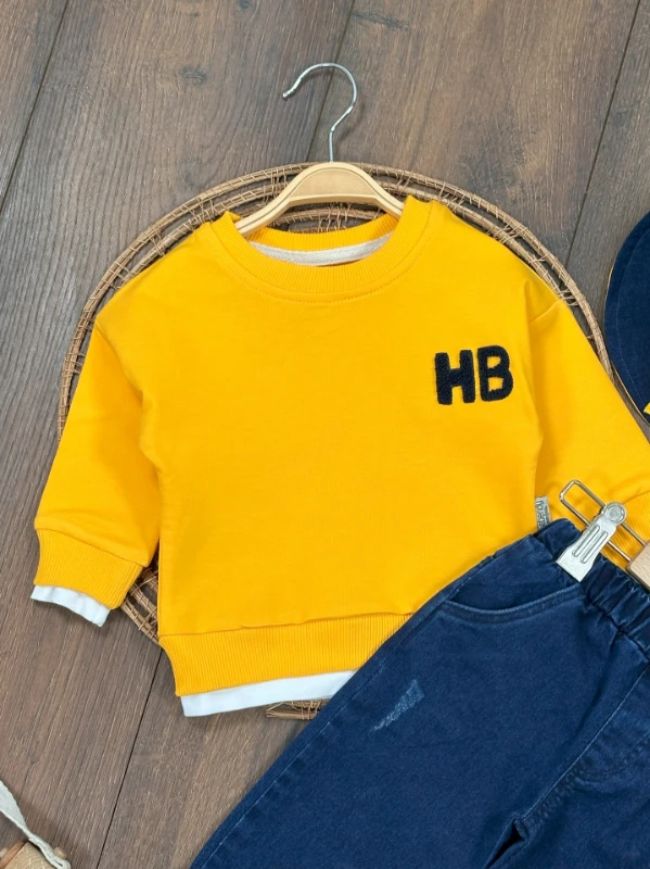 Likralı Kot Pantolon Çift Taraflı Şapka NakışlıSweatshirt 3lü Erkek Bebek/Çocuk Takım