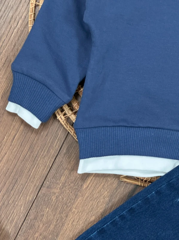 Likralı Kot Pantolon Çift Taraflı Şapka NakışlıSweatshirt 3lü Erkek Bebek/Çocuk Takım