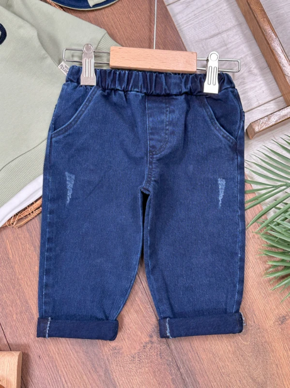 Likralı Kot Pantolon Çift Taraflı Şapka NakışlıSweatshirt 3lü Erkek Bebek/Çocuk Takım